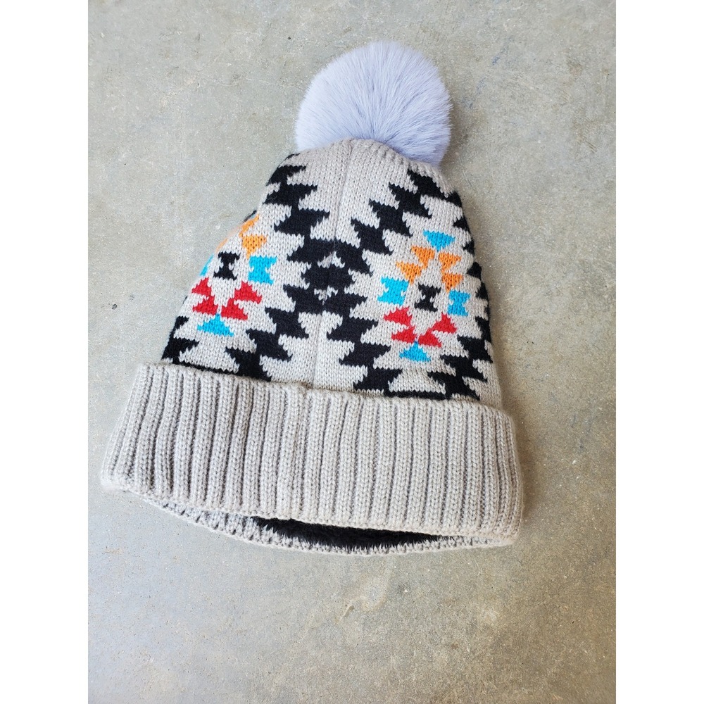 Carhartt Beanie Tan Aztec Knit Pom Pom Faux Fur Lined Winter‎ Hat One Size - Picture 3 of 6